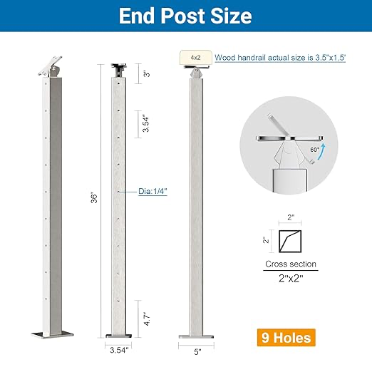 2Pack 36inch Cable Railing Post Stainless Steel Adjustable Angle End Post for 1/8" Deck Cable Railing, Silvery - Image 3