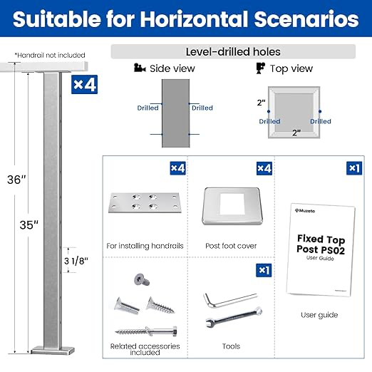 Muzata 4Pack Cable Railing Post 36 Inch 36"x2"x2" Level Drilled Surface Mount Brushed T304 Stainless Steel Cable Railing System Kit Indoor Outdoor with Paper User Guide PS02 LH4S - Image 3
