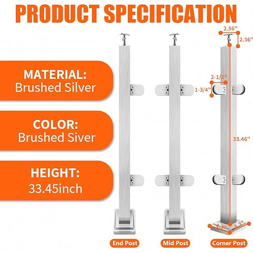 33.46" Glass Deck Railing Post System,304 Stainless Steel Stair Top Handrail Bracket Post with 4 Glass Clamp & Rubbers,Silver Metal Balustrade for Decks,Stairs,Porchs(Middle Post) - Image 4