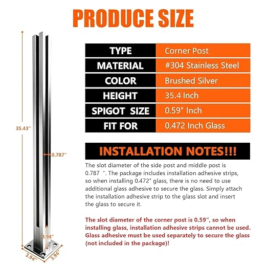 35.43" Glass Railing End Post Silver with Mounting Strip,Deck Stair Privacy Fence Posts with Spigot Slot for Glass/Wood/PVC,T304 Stainless Steel Balustrade Posts for Yard,Balcony - Image 5