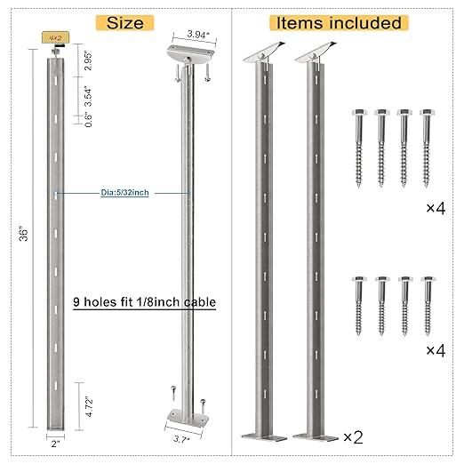 2-Pack Cable Railing Post 36inch Stainless Steel Pre-drilled Intermediate Post/Studdle Pickets for 1/8" Deck Cable Railing, Level Cable Railing Fittings, Sliver - Image 3