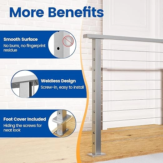 Muzata 4Pack Cable Railing Post 36 Inch 36"x2"x2" Level Drilled Surface Mount Brushed T304 Stainless Steel Cable Railing System Kit Indoor Outdoor with Paper User Guide PS02 LH4S - Image 4